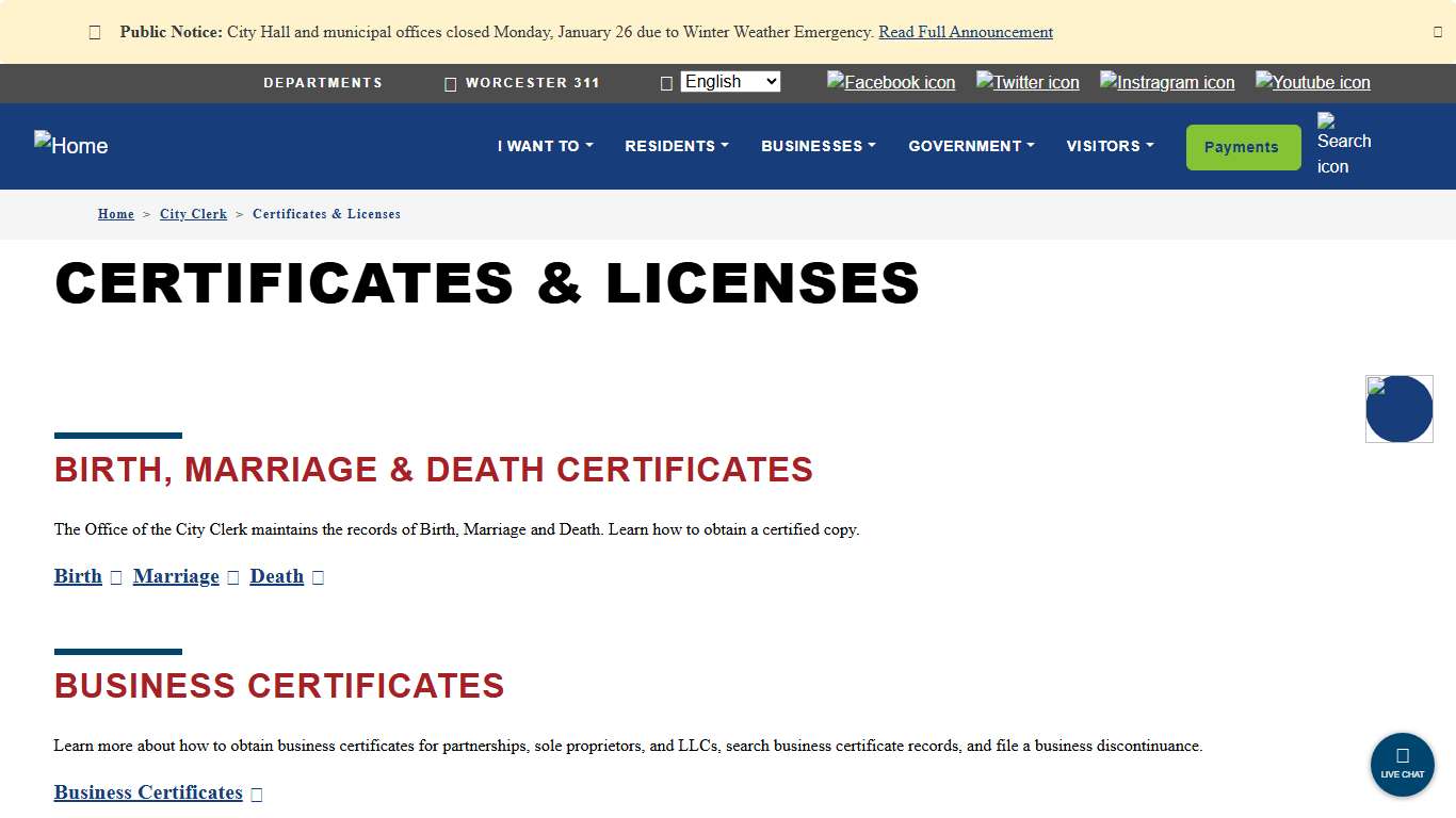 Certificates & Licenses City of Worcester
