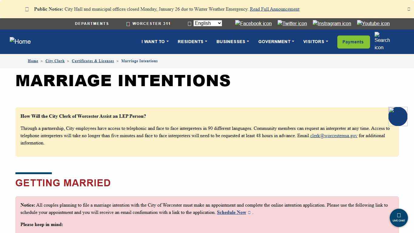 Marriage Intentions City of Worcester